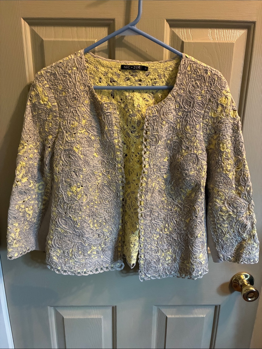 NIC+ZOE Yellow & Gray Lace-Overlay Open Cardigan Jacket size M